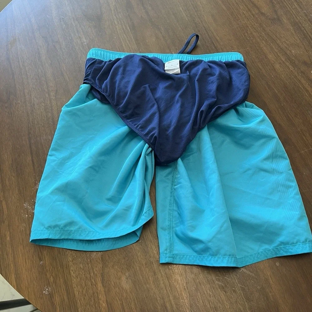 Nike Swim Shorts Mens M Blue Green Lined Graphic Logo NESSA570 Drawstring Pocket